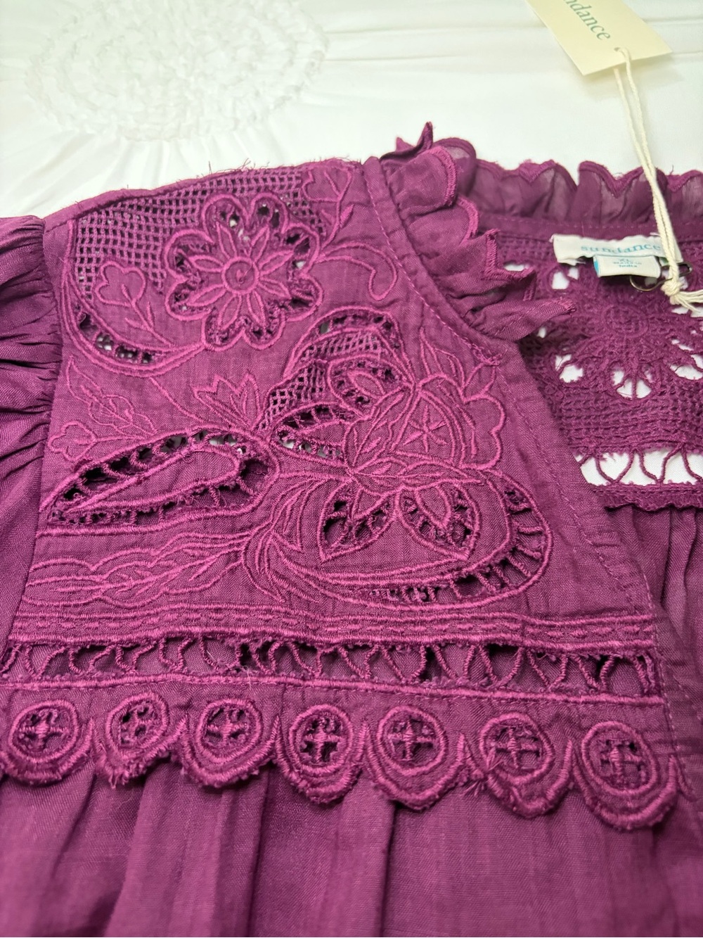 NWT Sundance Plum Embroidered Lace Puff Sleeve Ramie Button Down Bohemian Top XL - Picture 10 of 16
